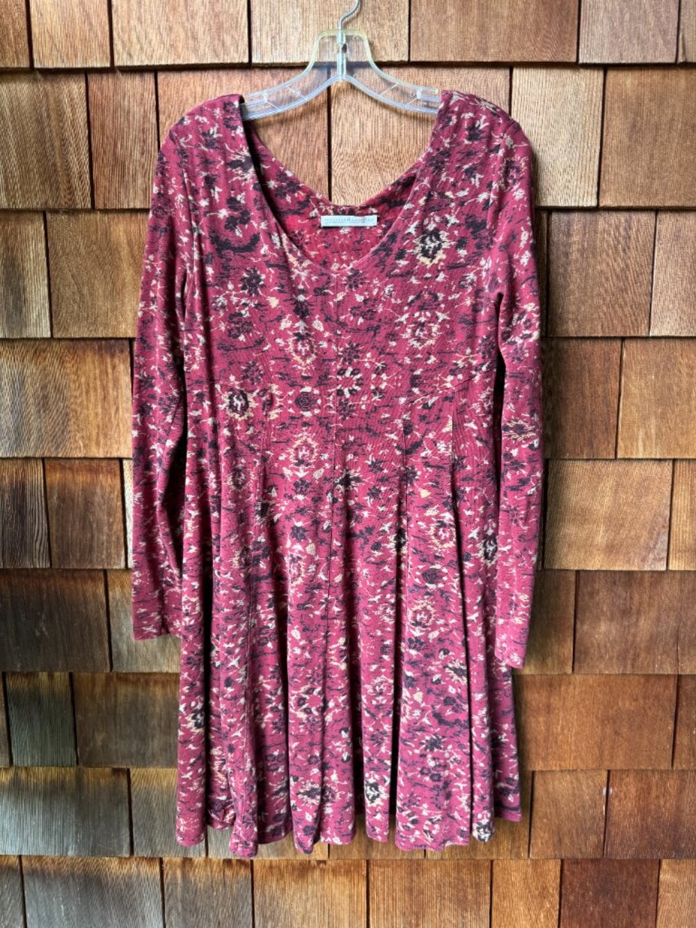 Peruvian Connection Red & Black Long Sleeve Cotton Knit Swing Dress in Medium